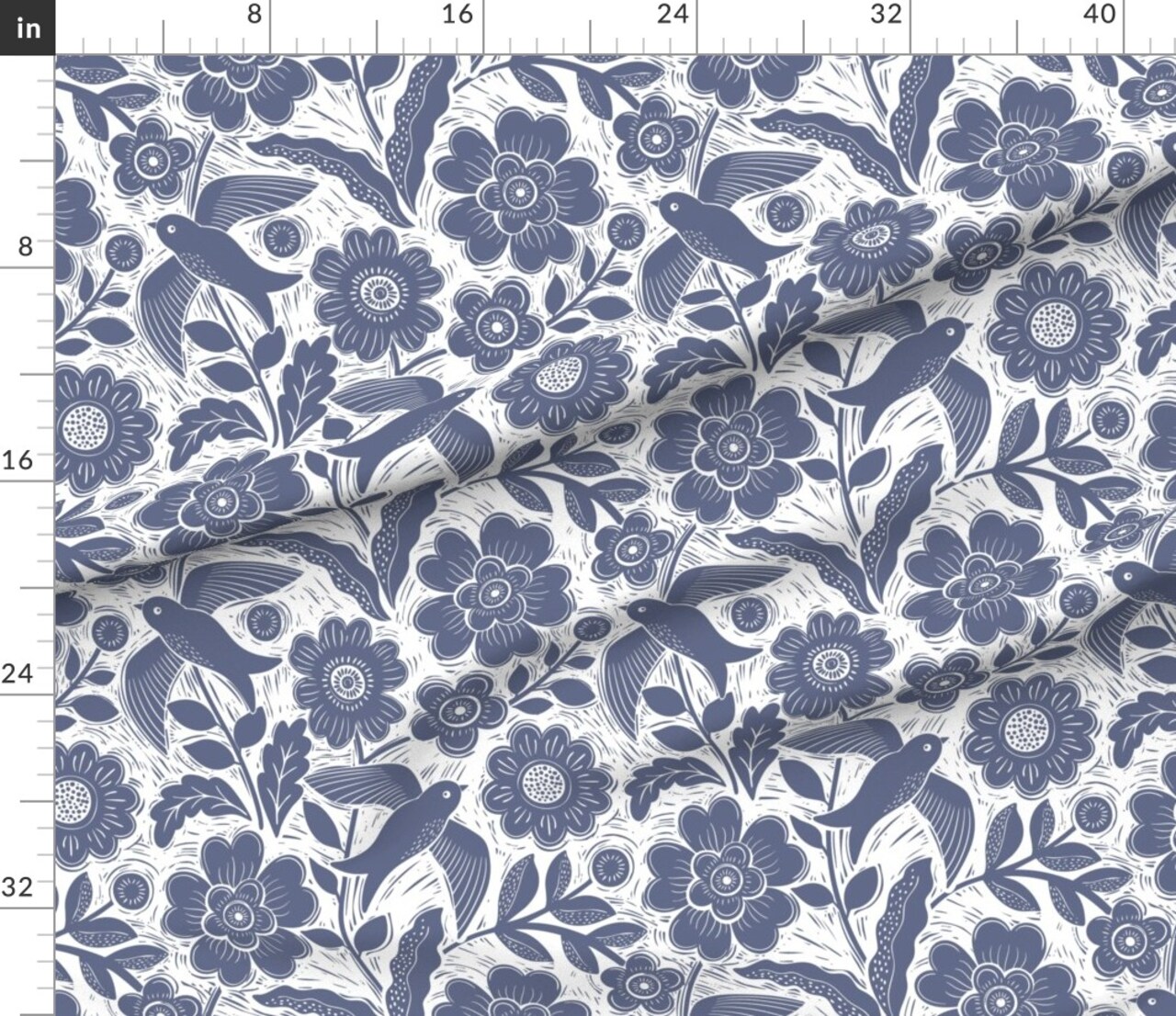 Blue Floral Block Print Birds Hand Drawn Woodcut Summer Stamp Custom Printed Fabric by Spoonflower Various Fabrics by the Yard or Fat Quarter